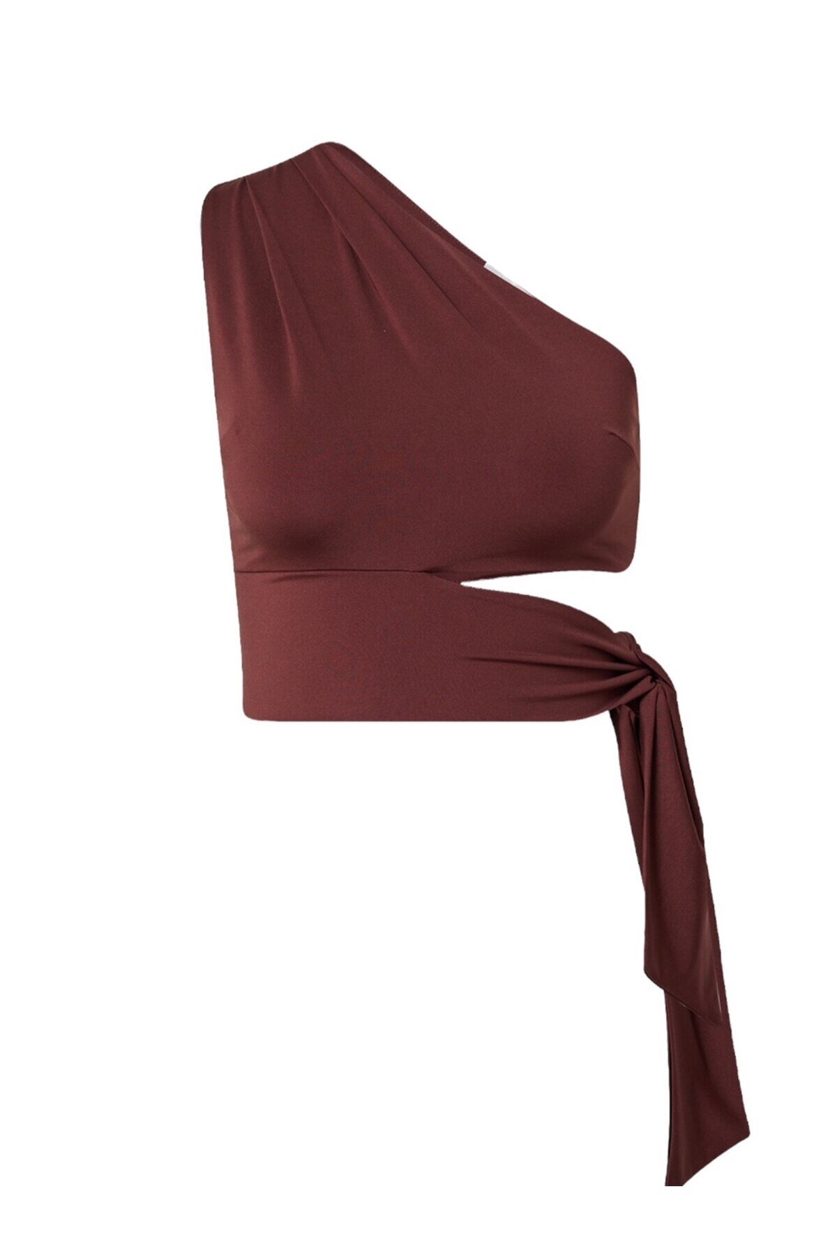 Kadın Belden Bağlama Detay Tek Kol Omzu Açık Spor Şık Rahat Kalıp Croptop Bluz