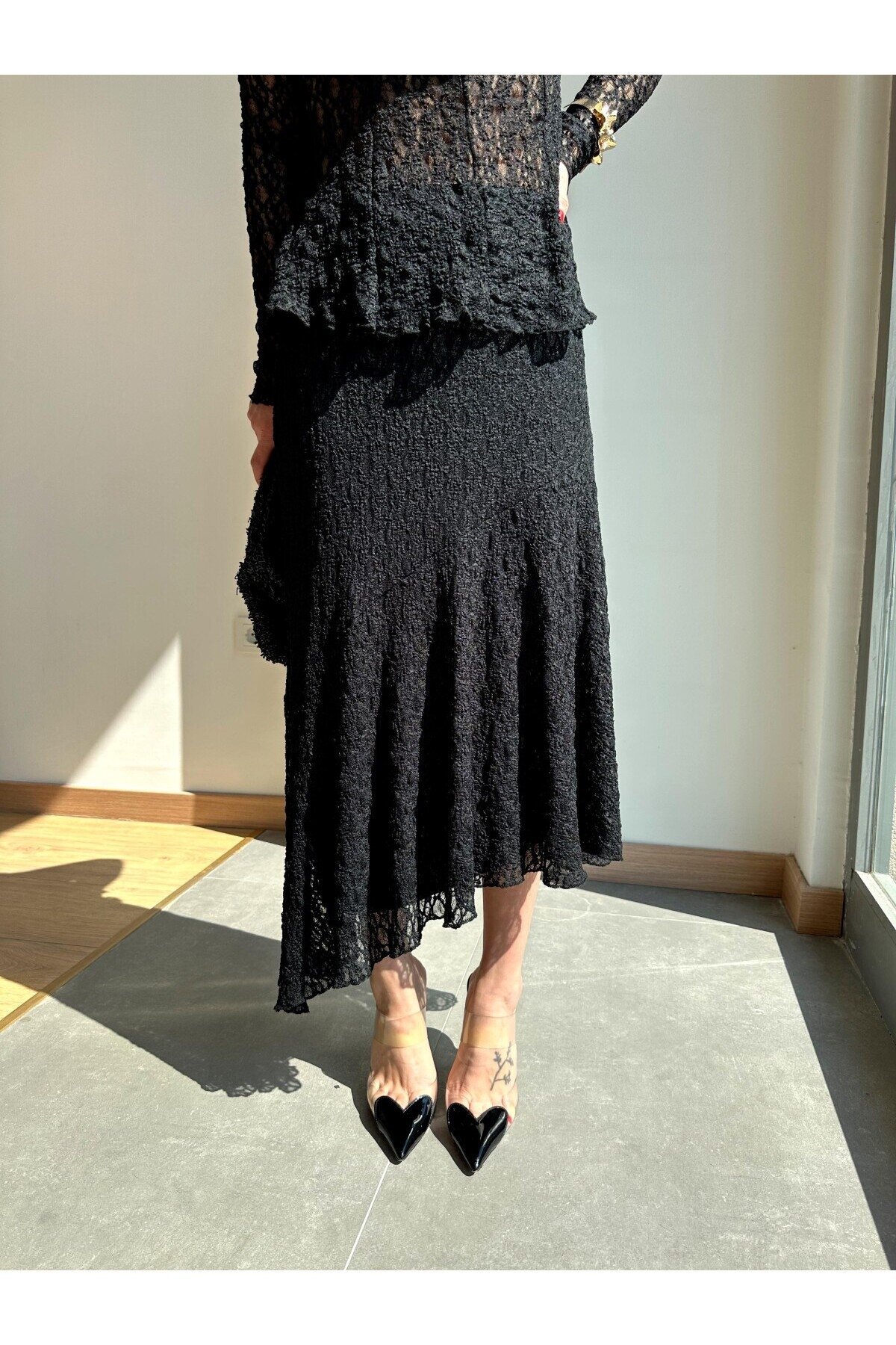 Kadın Beli Lastikli Tam Esnek Dantel Güpürlü Asimetrik Kesim Yüksek Bel Şık Midi Boy Tasarım Etek