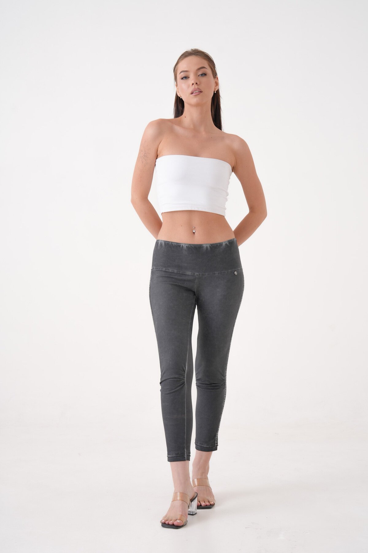 Kadın Beli Lastikli Yanı Taş Detaylı Düşük Bel Büyük Beden Curve Günlük Spor Şık Tayt