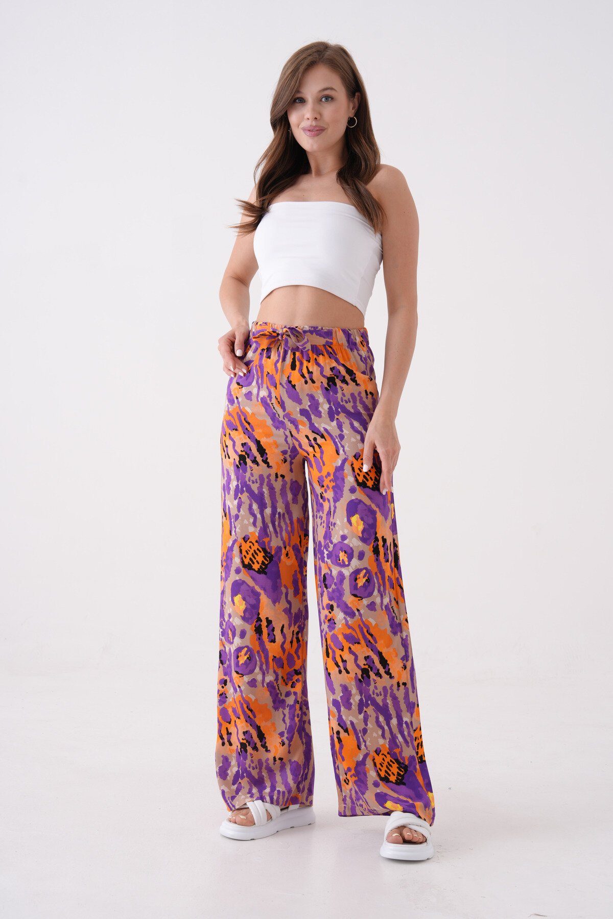 Kadın Beli Lastikli Yüksek Bel Rahat Kalıp Dokuma Viskon Kuşaklı Geniş Paça Curve Pantolon