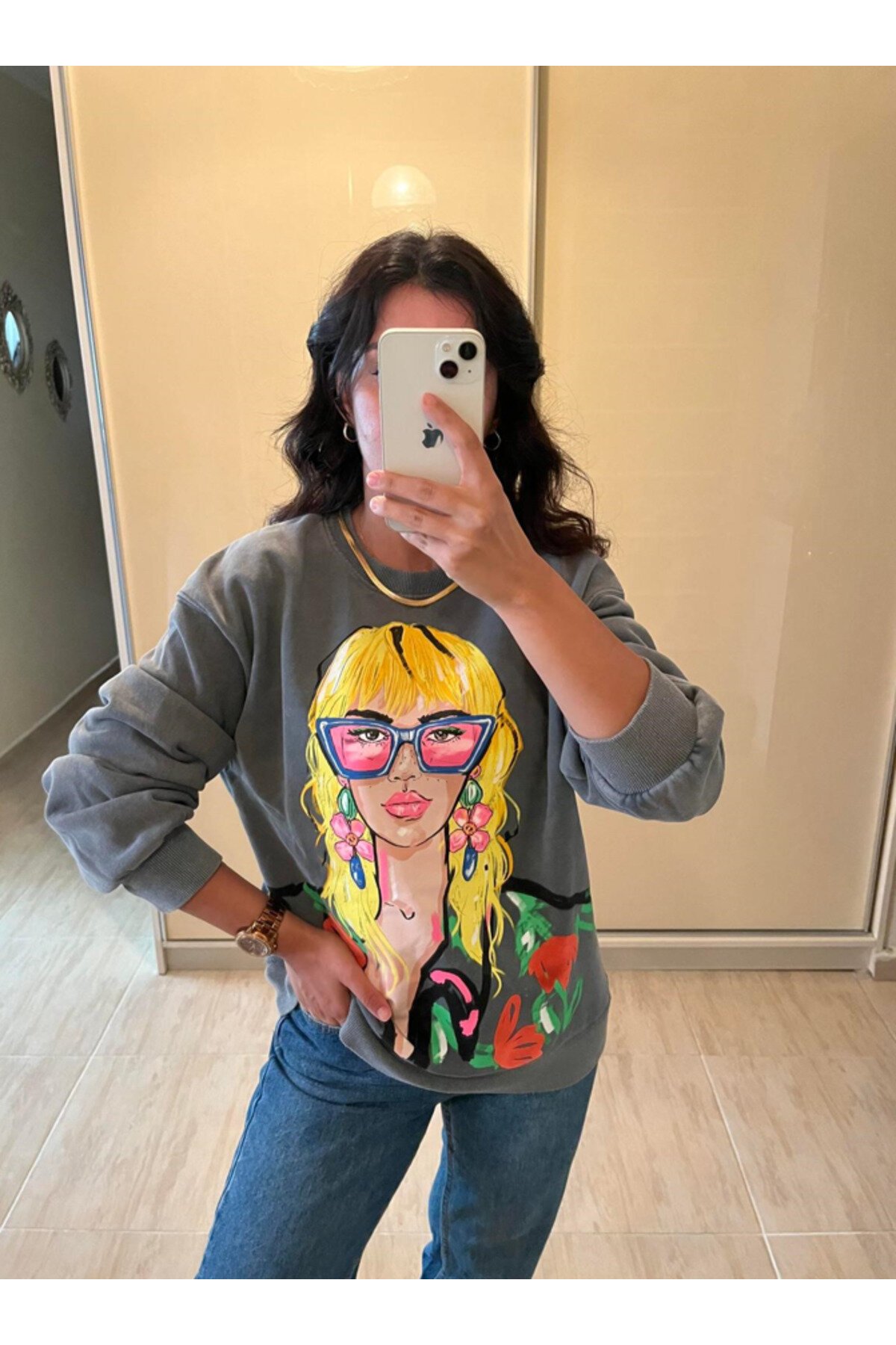 Kadın Bisiklet Yaka Dijital Baskı Comfort Renkli Desenli Sweatshirt