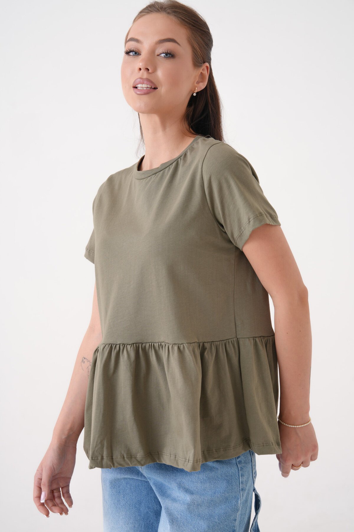 Kadın Bisiklet Yaka Yarım Kol Eteği Pileli Spor Şık Örme Rahat Kalıp Yazlık Bluz