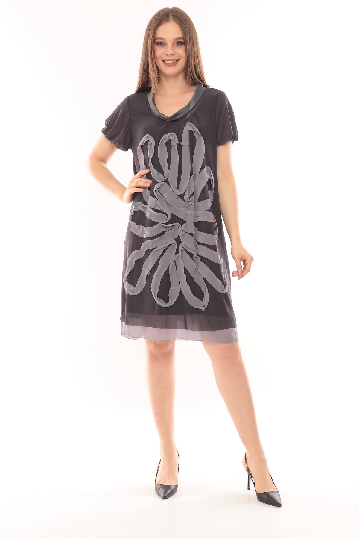 Kadın Büyük Beden Yarım Kol Şifon Çiçek Desenli Curve Astarlı Spor Şık Elbise