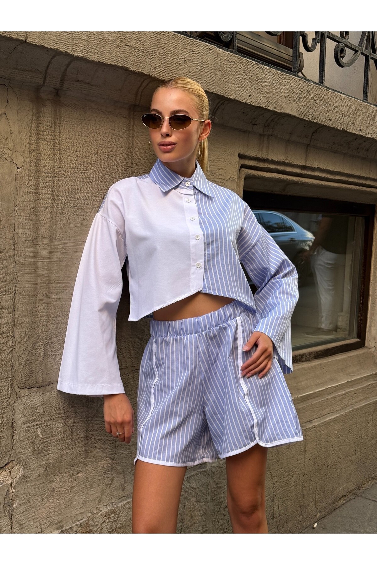 Kadın Çizgili Asimetrik Kesim İspanyol Kol Önden Düğmeli Spor Şık Tasarım Etek Şort Gömlek Takım