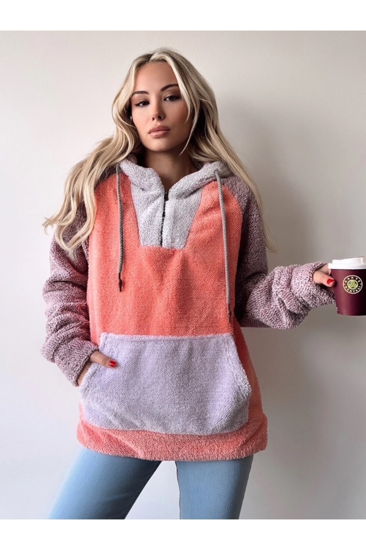 Kadın Çok Renkli Kanguru Cepli Kapüşonlu Spor Şık Oversize Sweatshirt