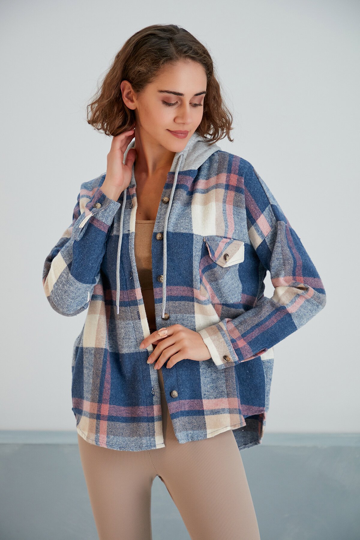 Kadın Çok Renkli Soft Mavi Oduncu Oversize Ceket Gömlek