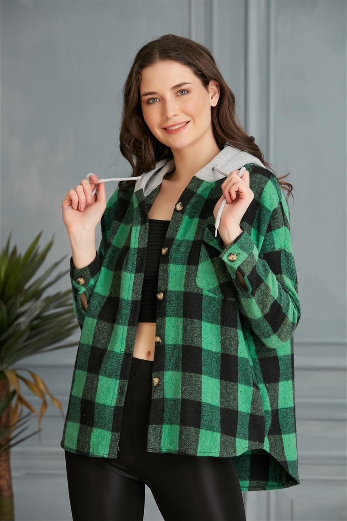 Kadın Çok Renkli Yeşil Oduncu Oversize Ceket Gömlek