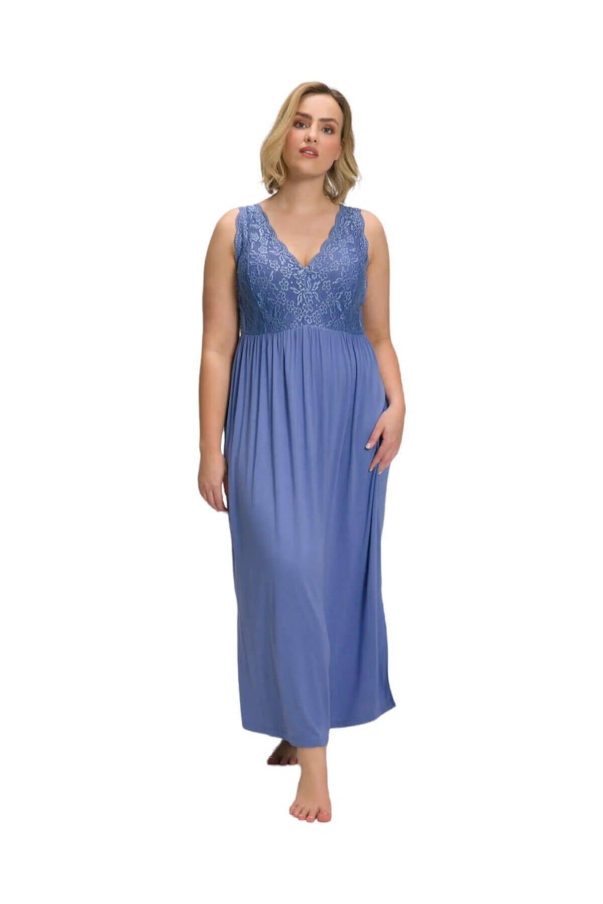 Kadın Dantel Detay Askılı Bebe-buz Mavi Şık Uzun Büyük Beden Curve Viskon Gecelik Elbise