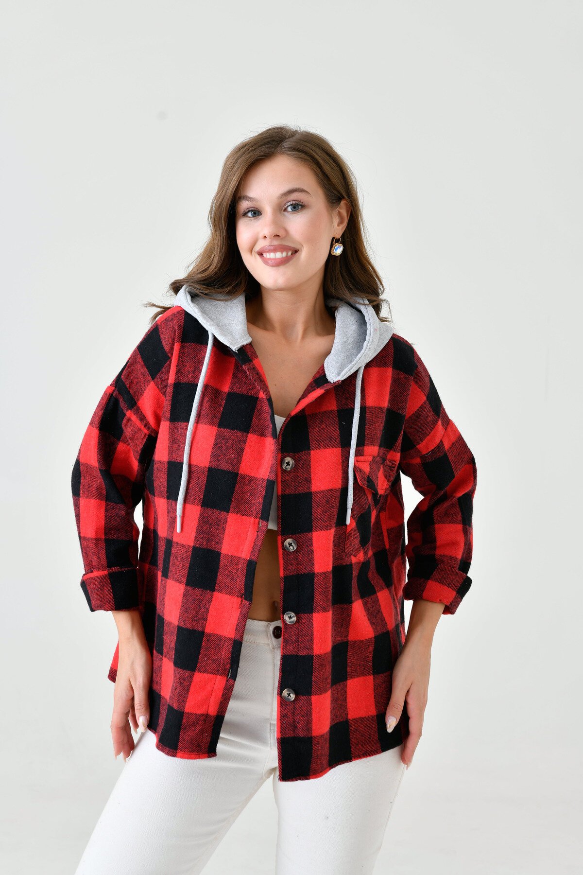 Kadın Desenli Renkli Oduncu Oversize Bol ve Geniş Kalıp Casual Çift Kapüşonlu Ceket Gömlek