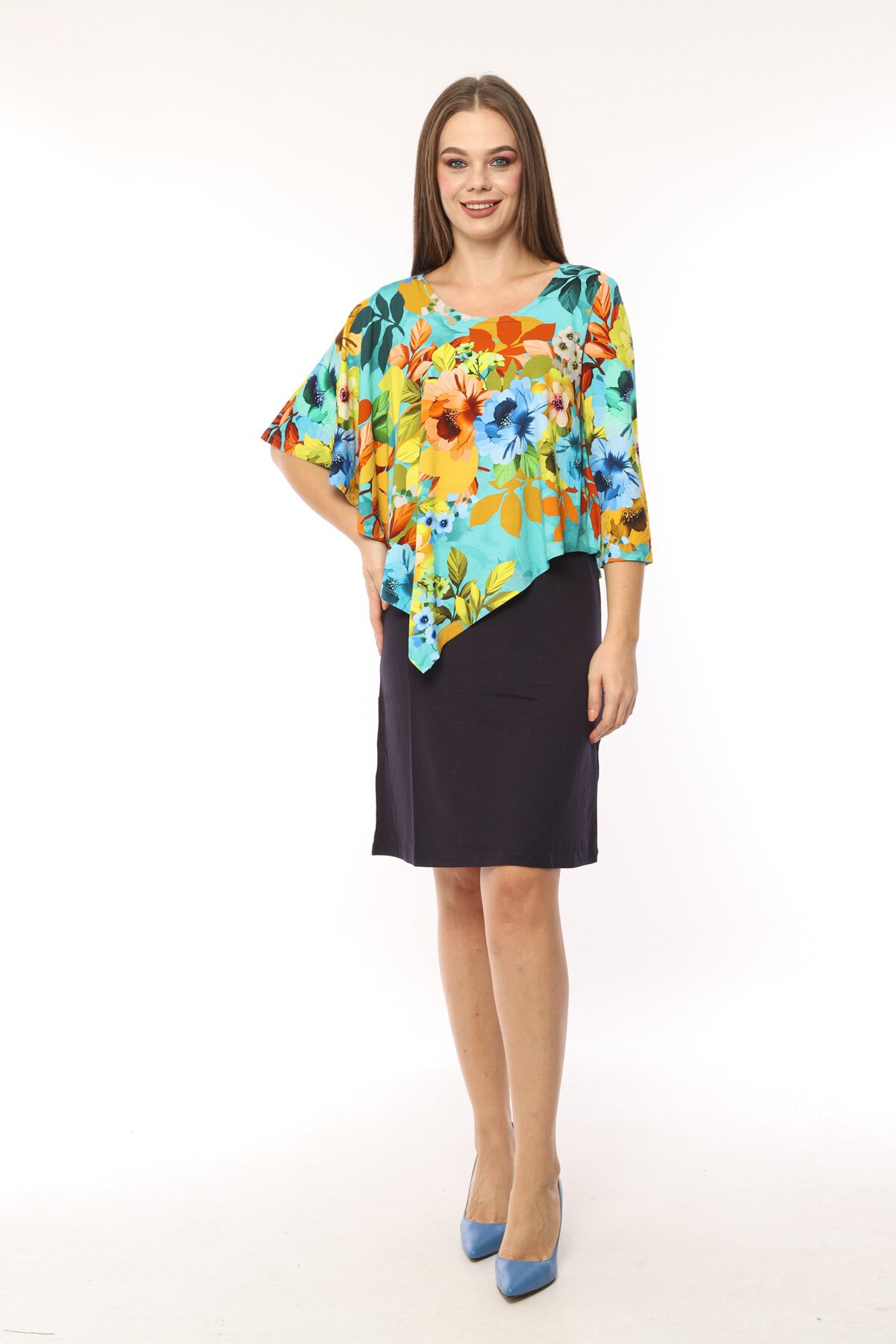 Kadın Desenli Şal Yaka Viskon Curve Büyük Beden Spor Şık Çiçekli Midi Boy Elbise