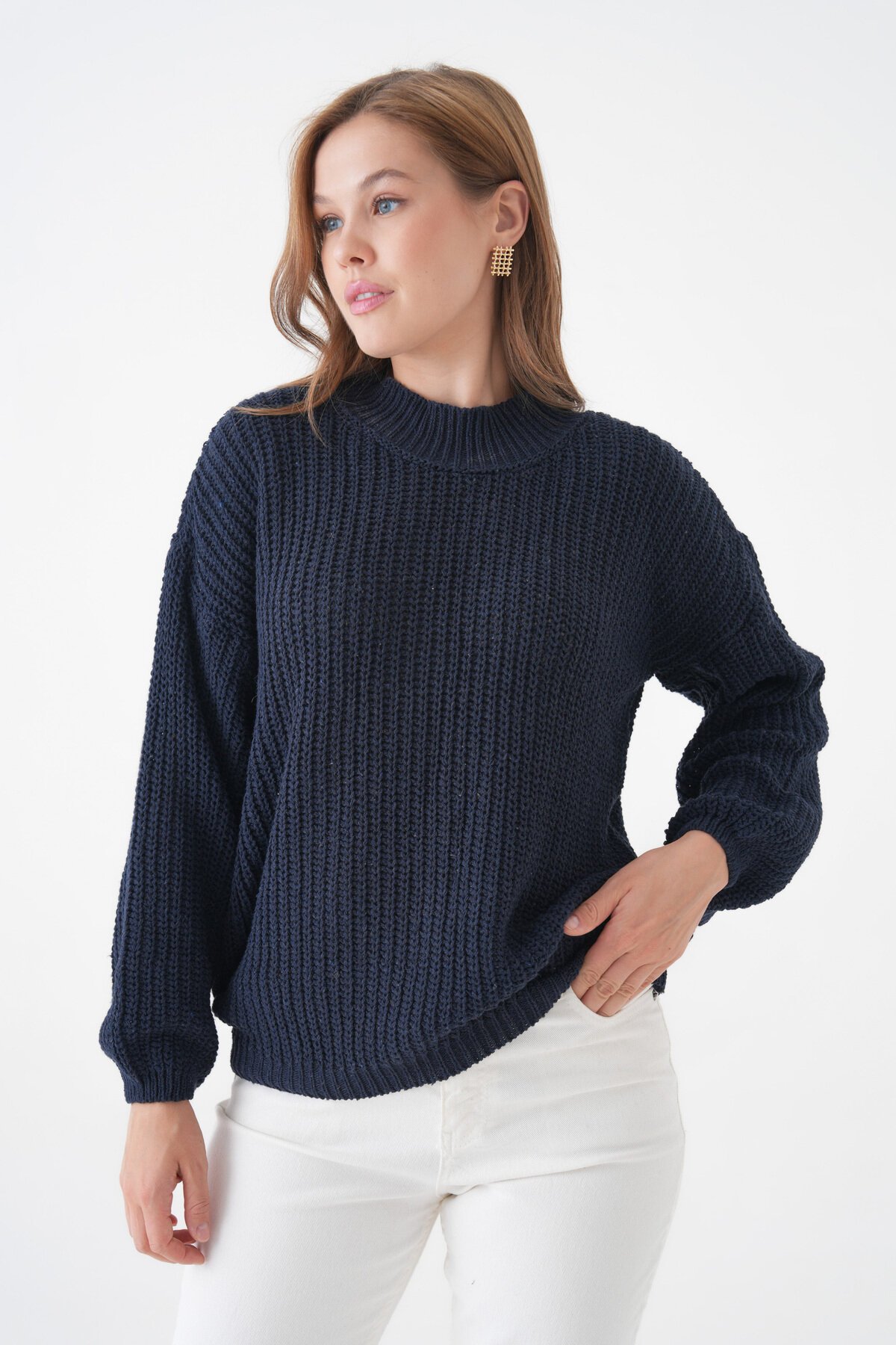 Kadın Dik Yaka Basic Uzun Kol Rahat Kalıp Büyük Beden Curve Uyumlu Spor Şık Kazak