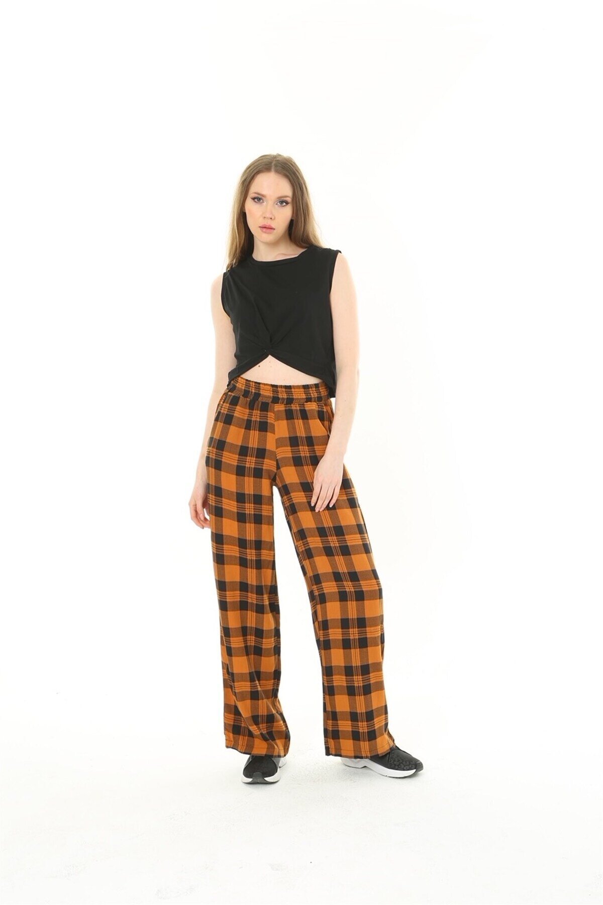 Kadın Dokuma Viskon Dama Desenli Cepli Büyük Beden Kalıp Beli Lastikli Salaş Pantolon