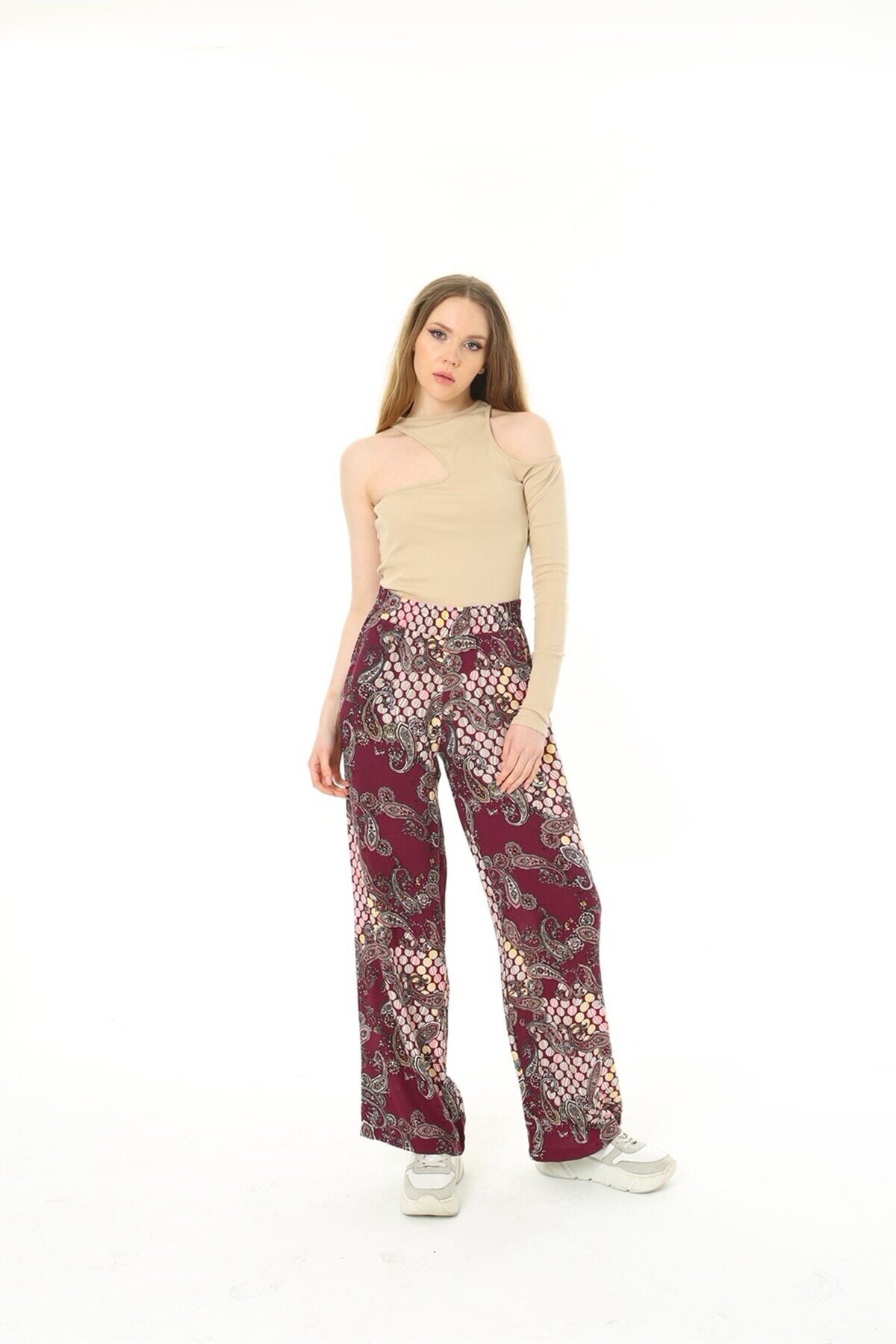 Kadın Dokuma Viskon Desenli Cepli Büyük Beden Kalıp Beli Lastikli Salaş Pantolon