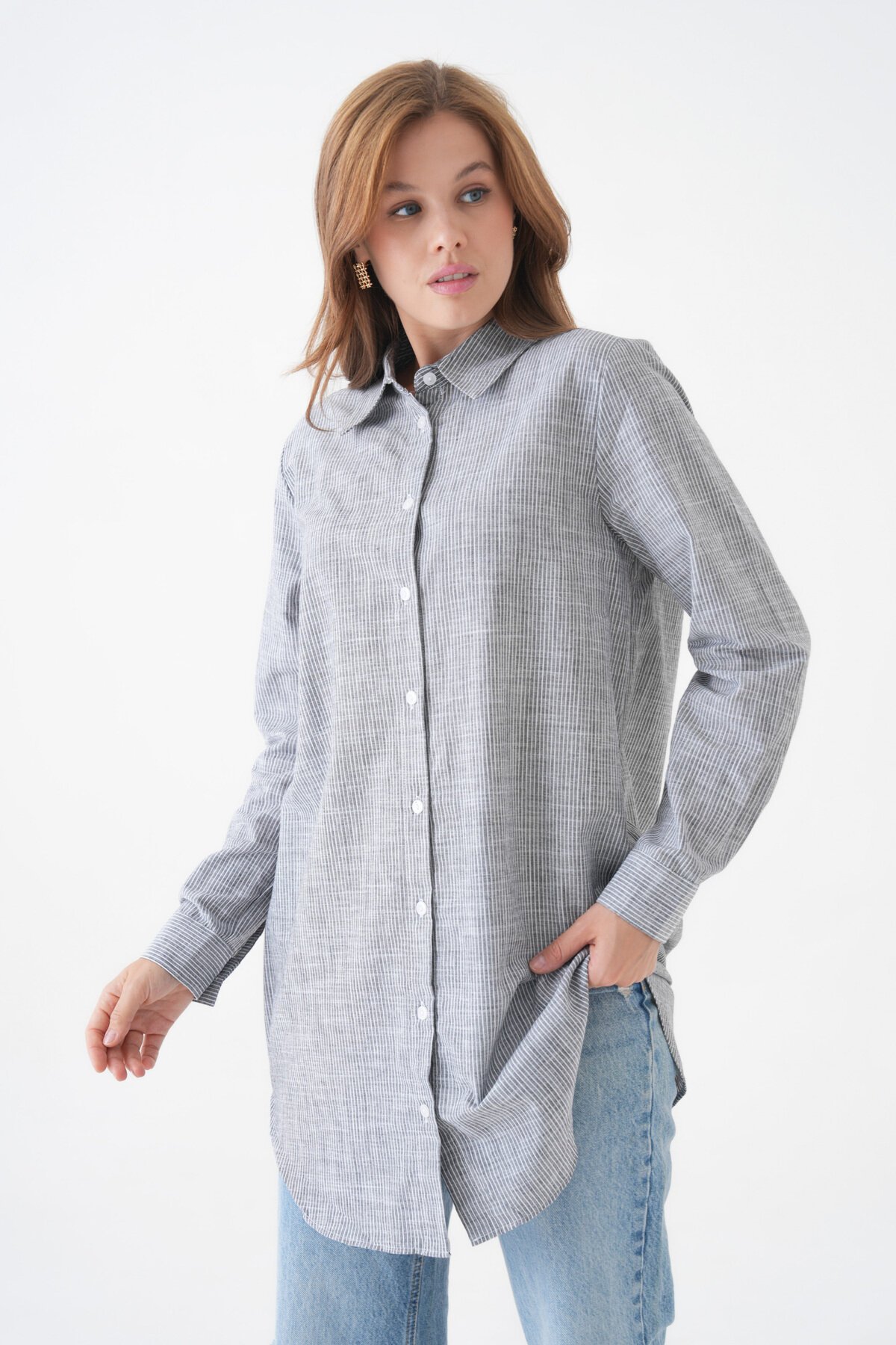 Kadın Gömlek Yaka Düğmeli Uzun Kol Tunik Boy Rahat Çizgili Curve Büyük Beden Tesettüre Uygun Gömlek