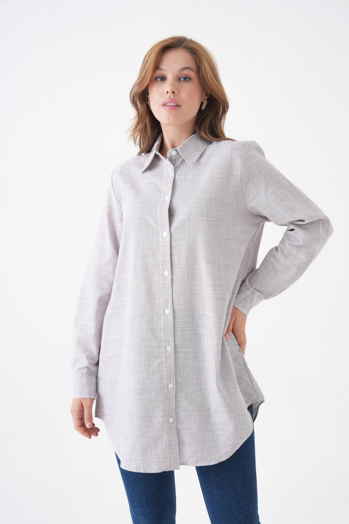 Kadın Gömlek Yaka Düğmeli Uzun Kol Tunik Boy Rahat Çizgili Curve Büyük Beden Tesettüre Uygun Gömlek