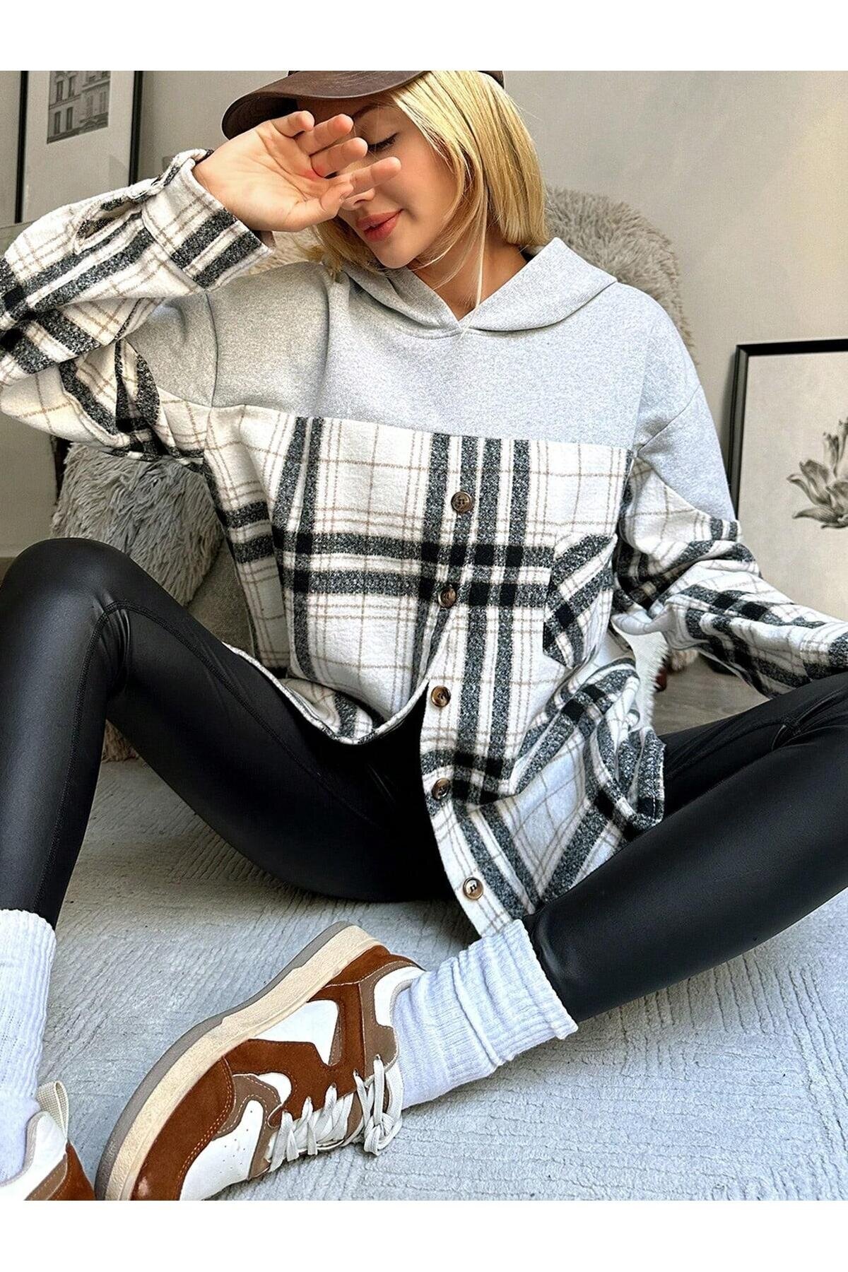 Kadın Gri Bej Geniş Kalıp Sweatshirt Kışlık Ceket Gömlek