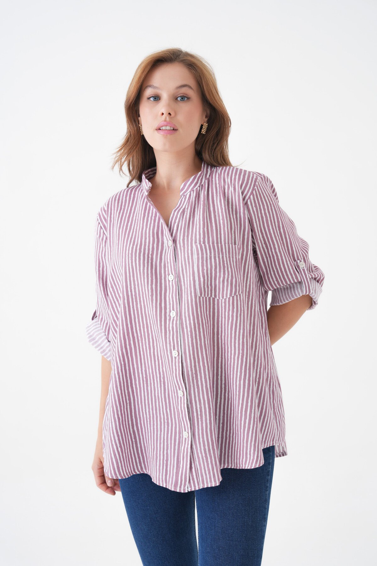 Kadın Hakim Yaka Geniş Kalıp Tesettüre Uygun Çizgili Spor Şık Curve Gömlek