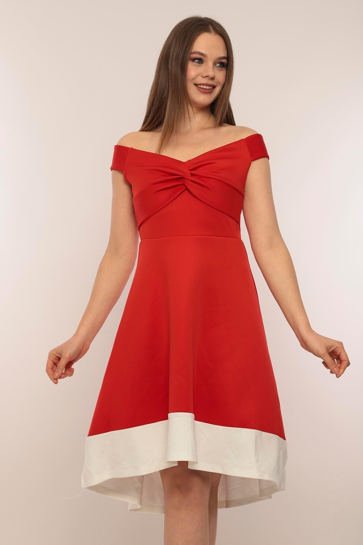 Kadın Kayık Yaka Kırmızı Volanlı Çan Kesim Şık Curve Gece Abiye/Mezuniyet Elbisesi
