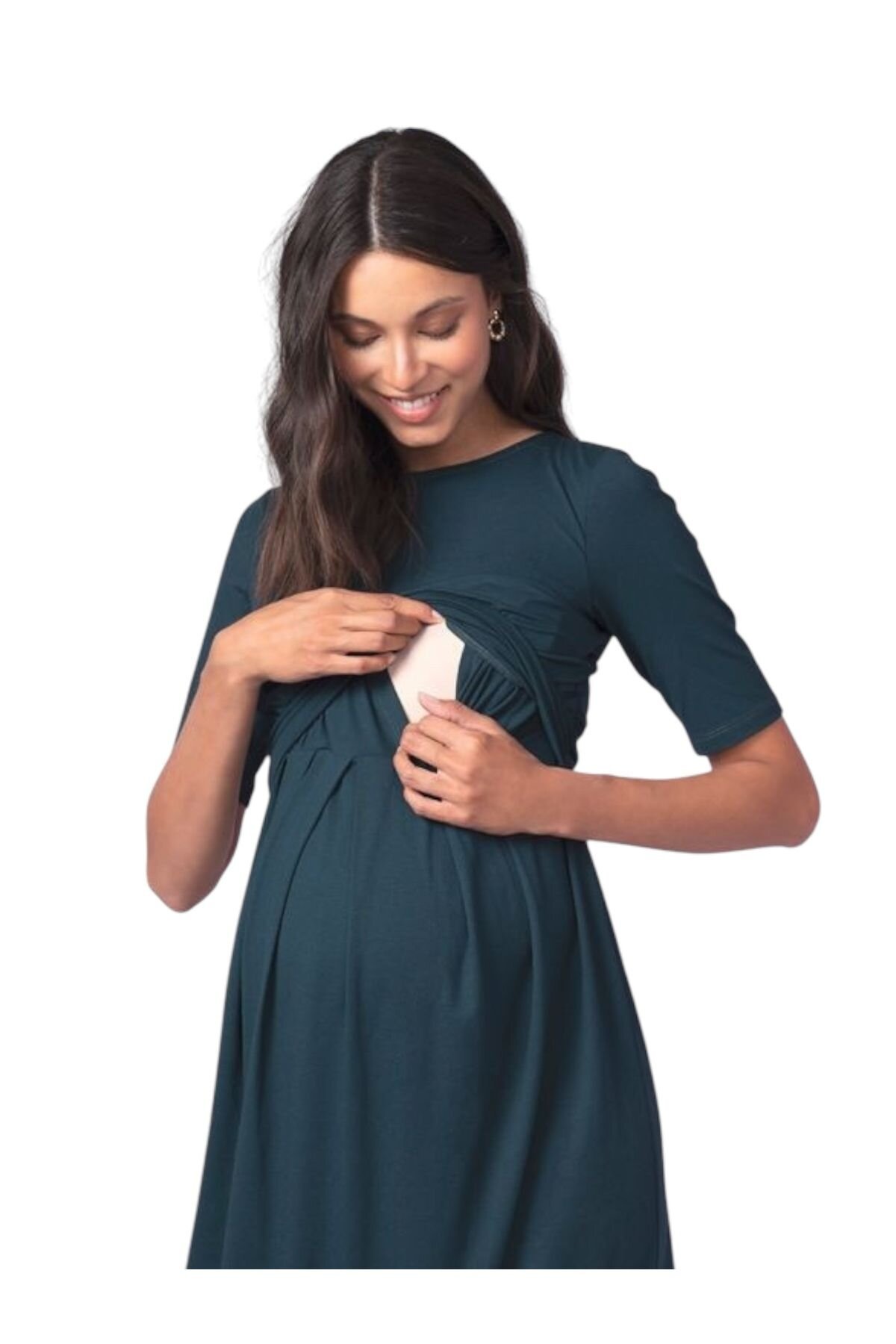 Kadın Kısa Kol Emzirme Detaylı Tesettüre Uygun Viskon Rahat Şık Midi Hamile Elbisesi