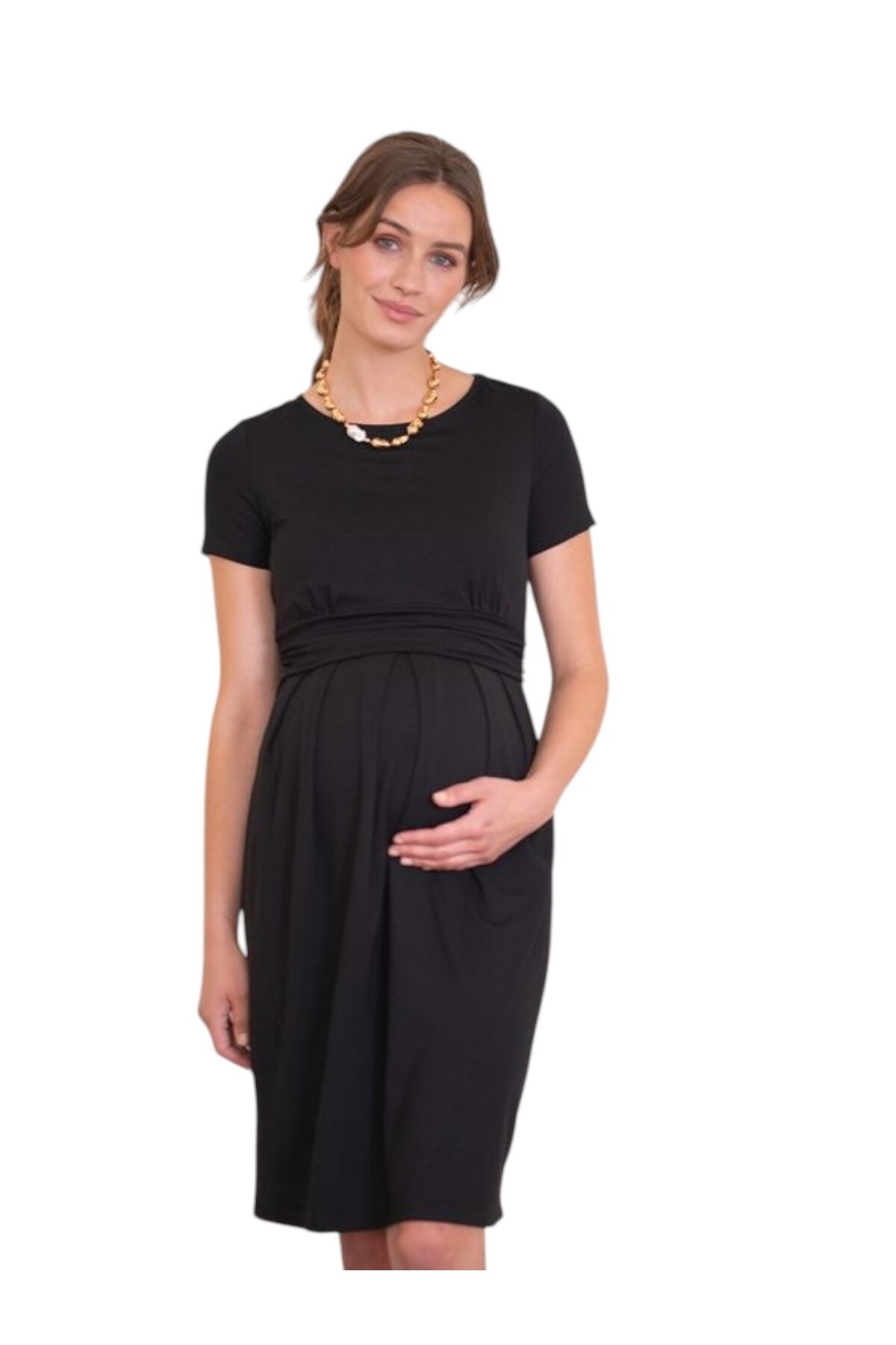 Kadın Kısa Kol Emzirme Detaylı Tesettüre Uygun Viskon Rahat Şık Midi Hamile Elbisesi