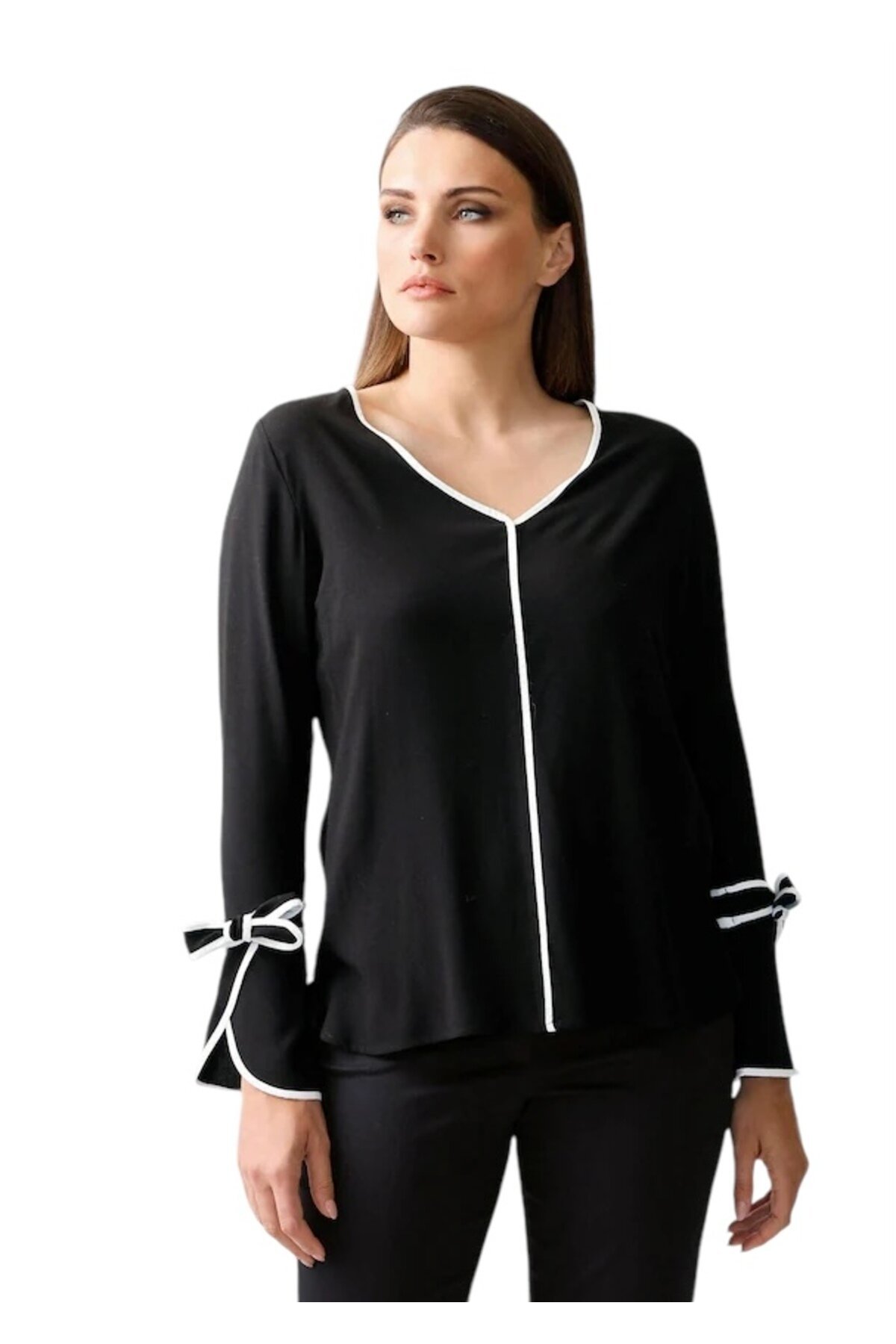 Kadın Kol Bağlamalı Beyaz Biyeli Spor Şık Curve Büyük Beden Viskon Tasarım Bluz