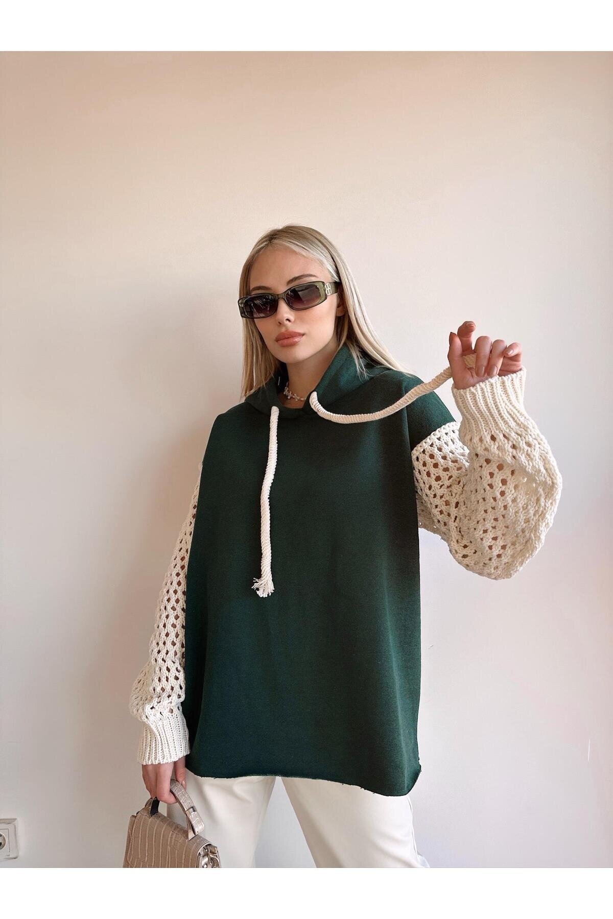 Kadın Kolları Triko Oversize Curve Tasarım Zümrüt Yeşil Sweatshirt