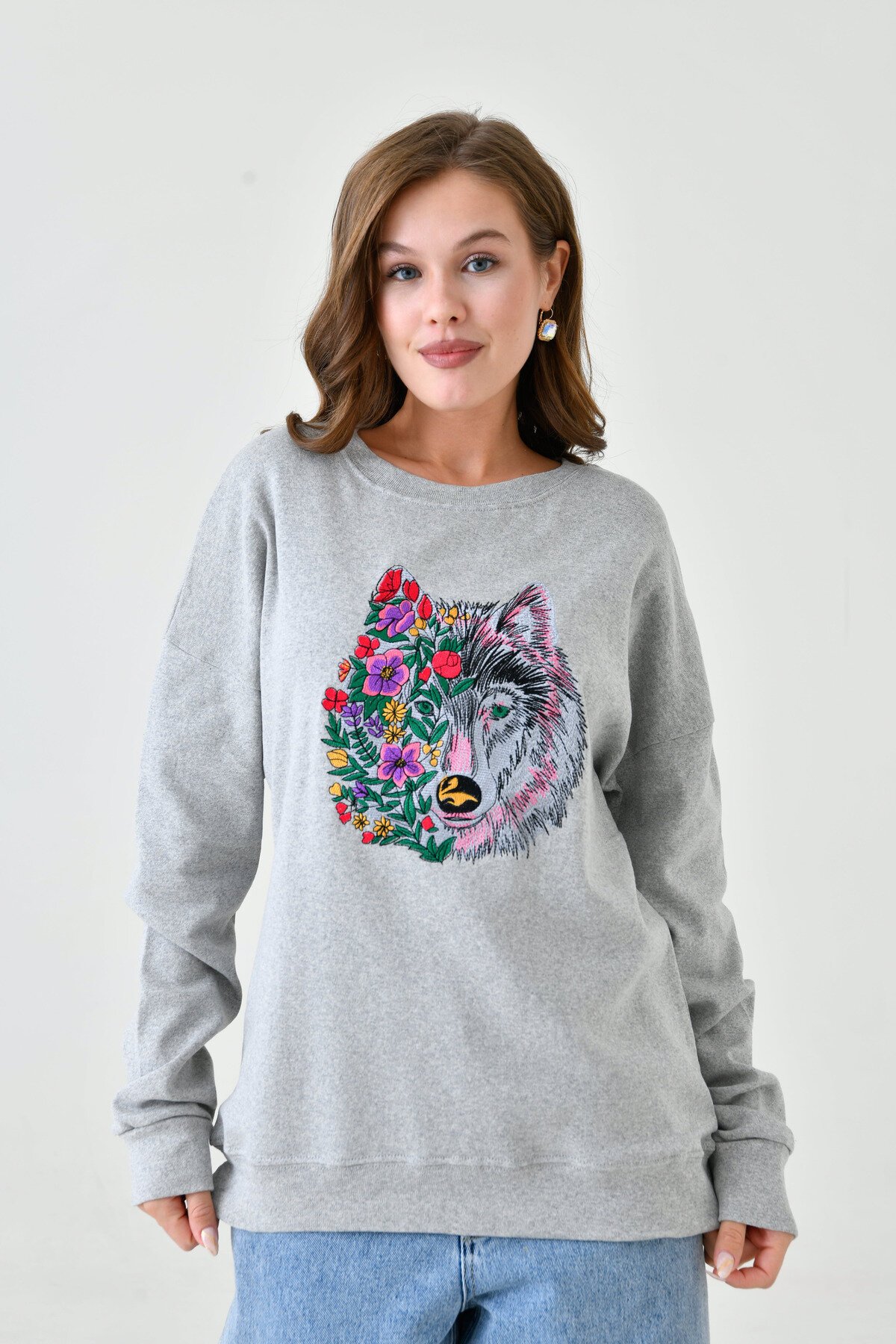 Kadın Oversize Casual Spor Günlük Baskılı Nakışlı Rahat Sweatshirt Kazak