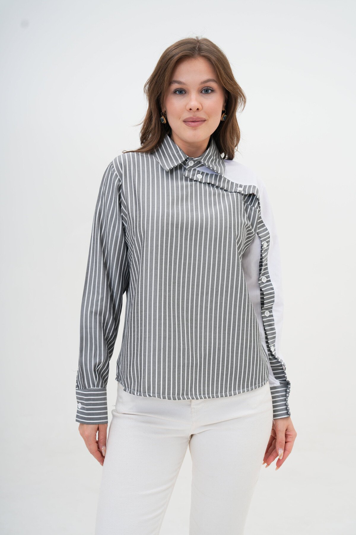 Kadın Özel Tasarım Yaka Kol Düğmeli Çizgi Garnili Bluz Boy  Pamuk Gömlek