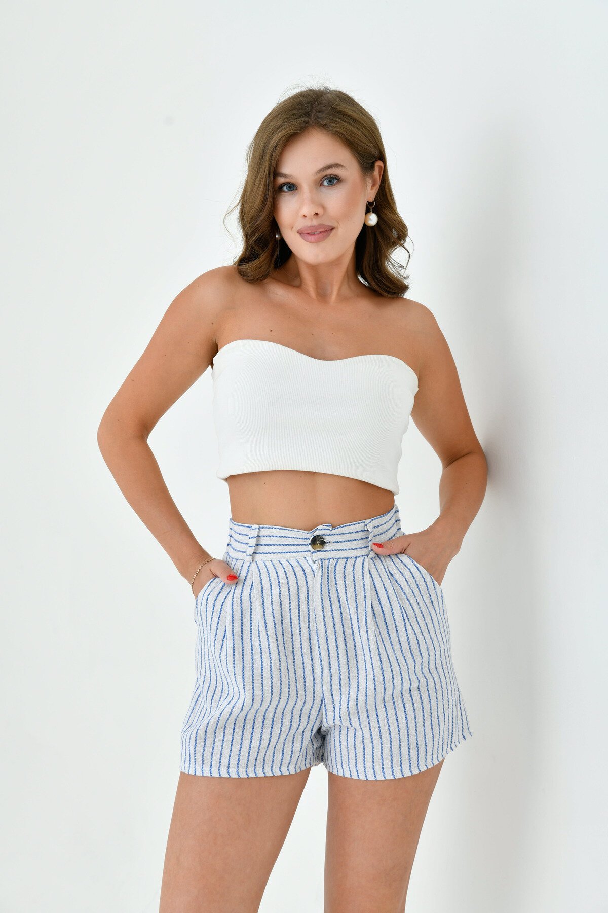 Kadın Pamuk Keten Çizgili ve Dokulu Baharlık Spor Şık Keten Şort