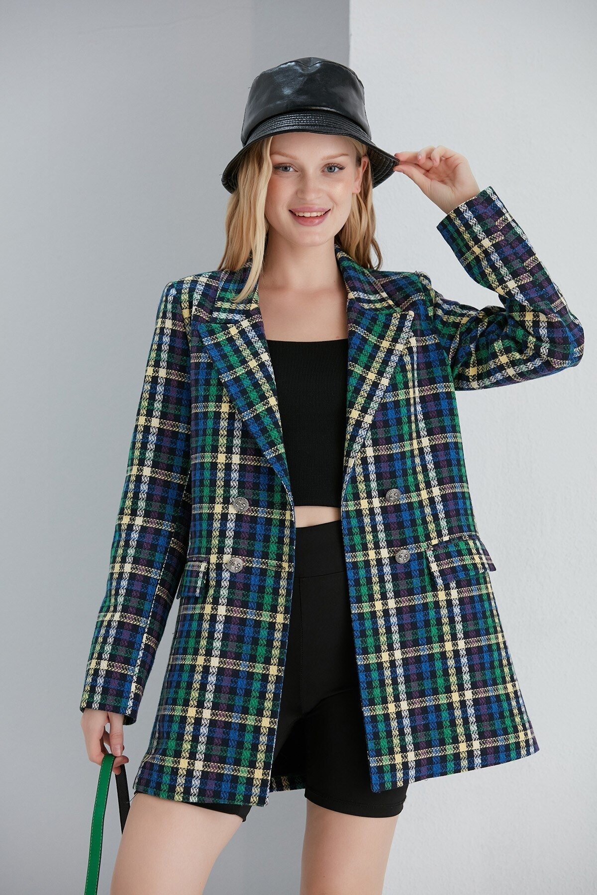 Kadın Şanel Kumaş Spor Şık Çok Renkli Çizgili Blazer Ceket
