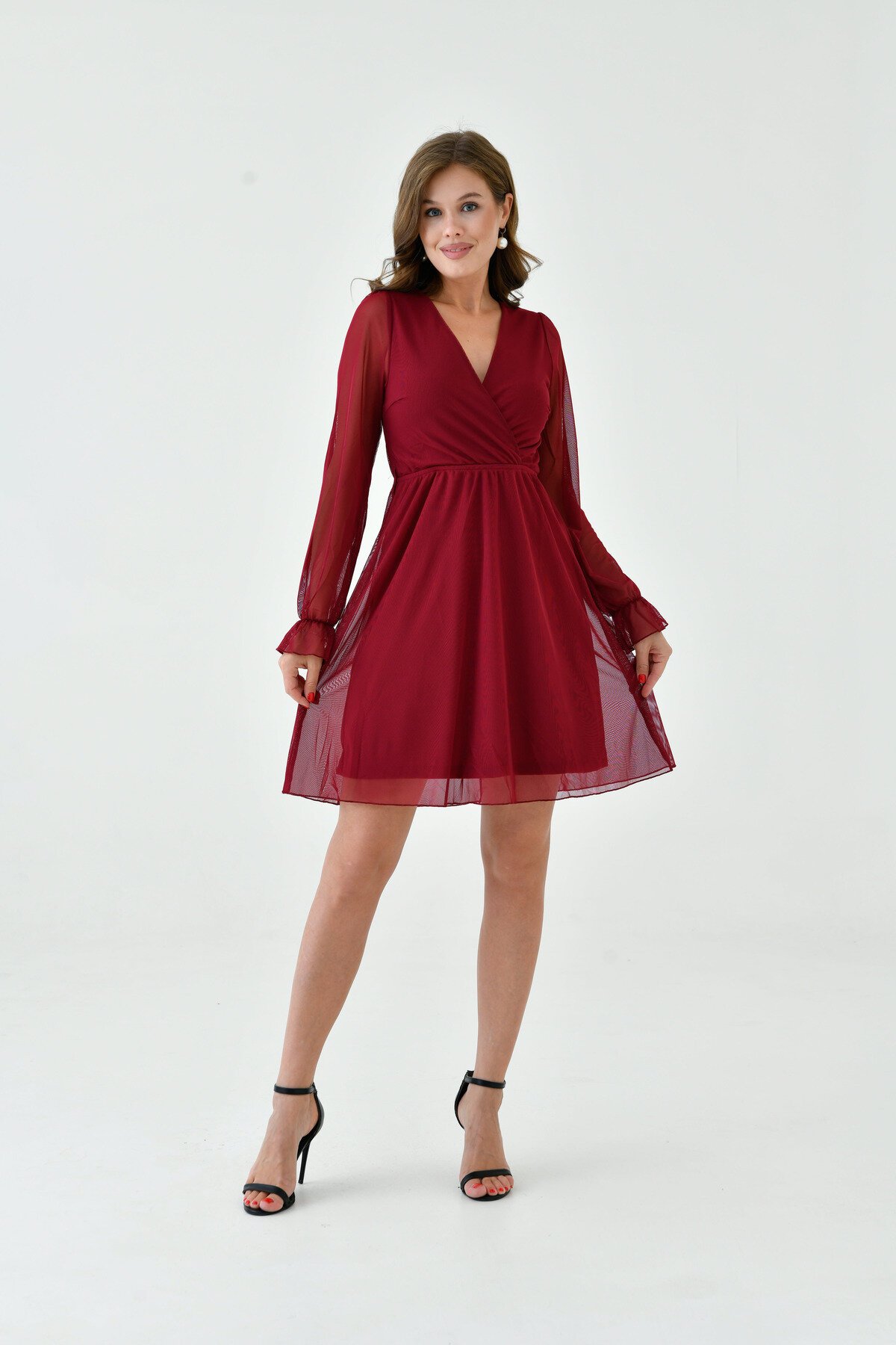 Kadın Şifon Kruvaze Curve Volanlı Esnek Tül Uzun Kol Şık Büyük Beden Elbise