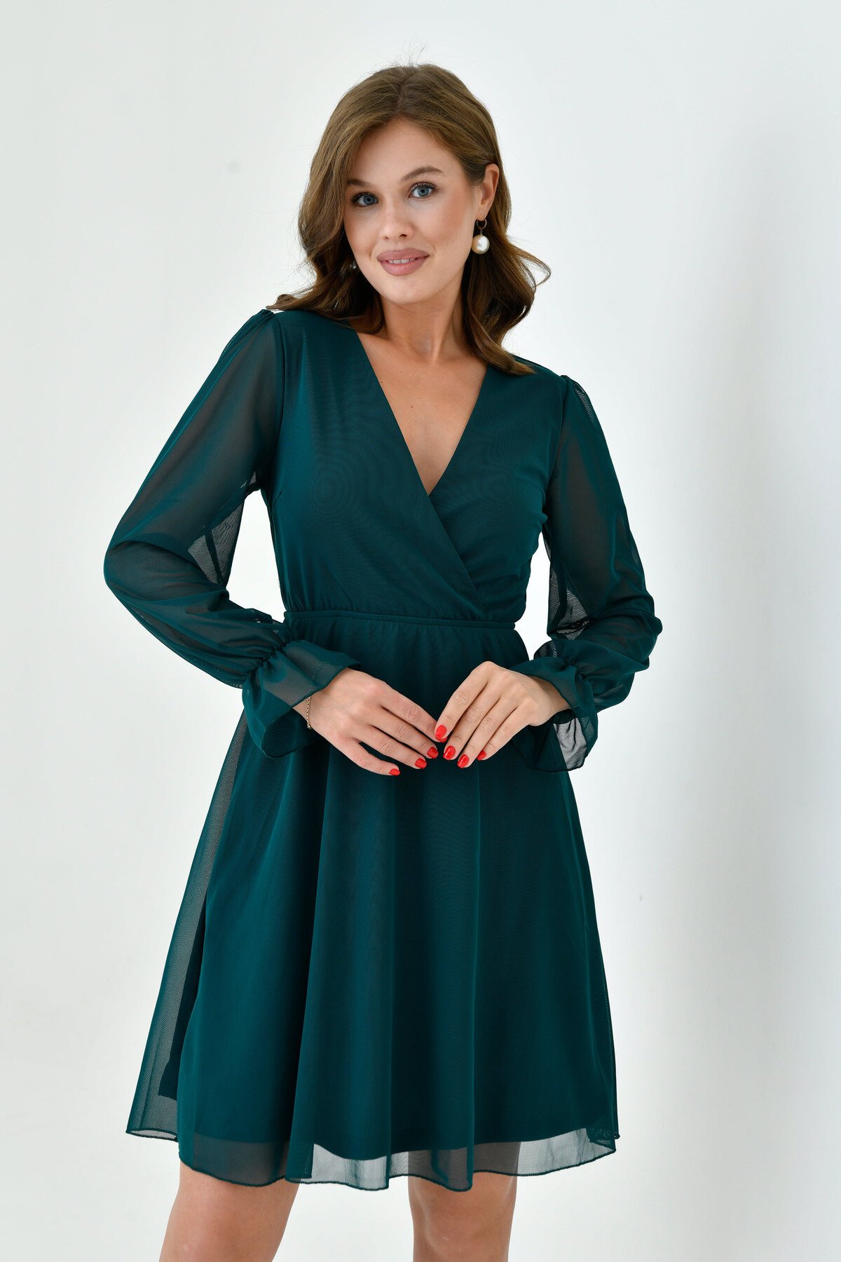 Kadın Şifon Kruvaze Curve Volanlı Esnek Tül Uzun Kol Şık Büyük Beden Elbise