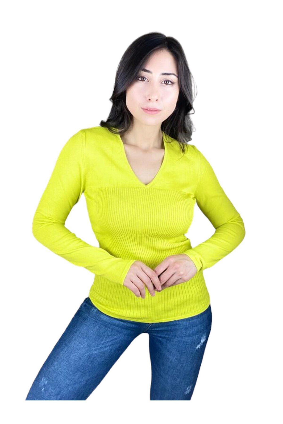 Kadın Şık Neon Sarı V Yaka Triko Bluz