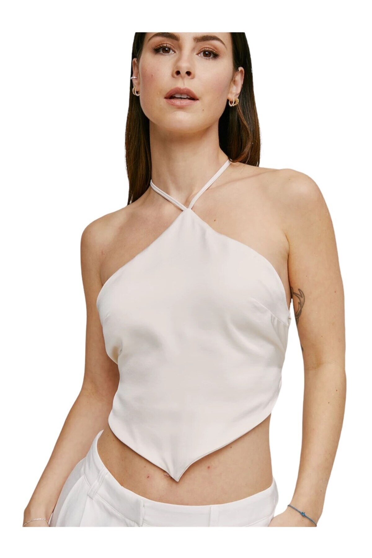 Kadın Sırtı Açık Bağlamalı Spor Şık Curve Modal Krem Tasarım Croptop Bluz