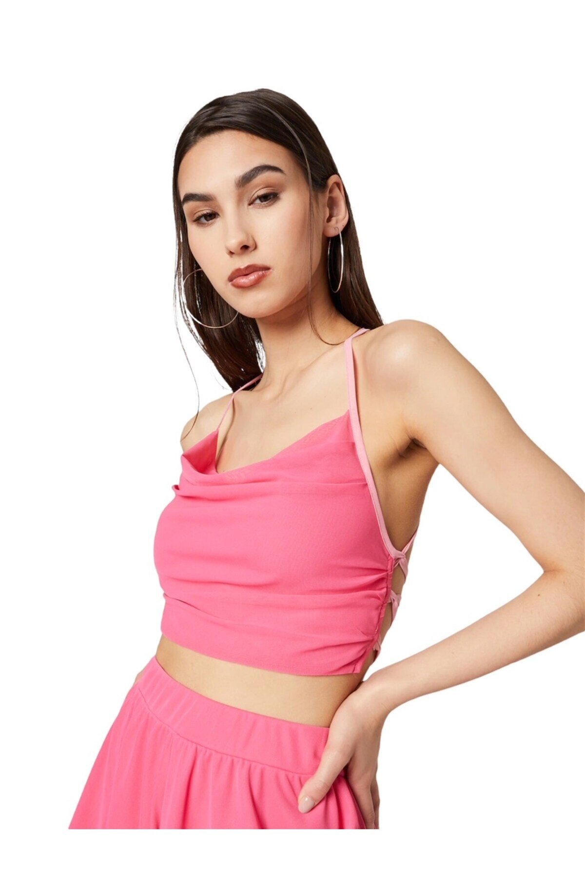 Kadın Sırtı Açık Bağlamalı Tül Degaje Yaka Spor Şık Tasarım Pembe Croptop Büstiyer