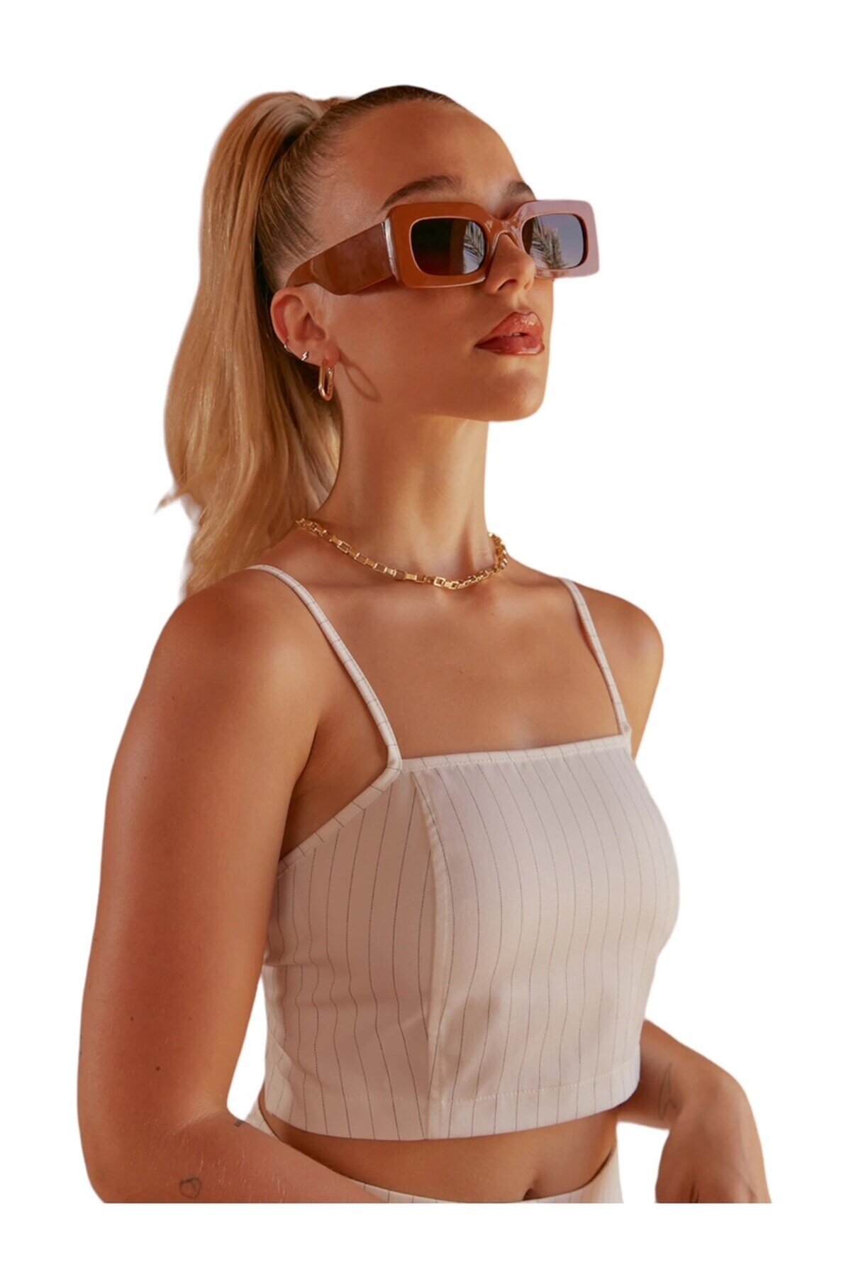 Kadın Sırtı Açık Çizgili Spor Şık Croptop Büstiyer Bluz