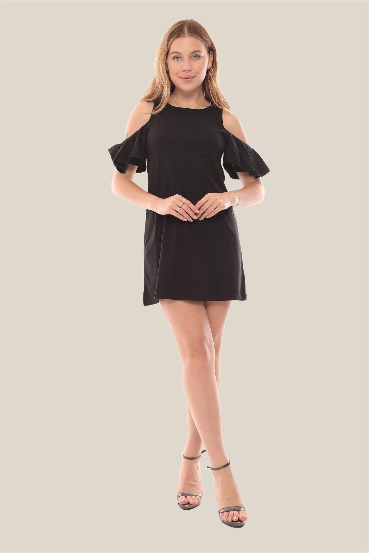 Kadın Siyah Omzu Açık Fırfır Detay Çan Pamuk Elbise