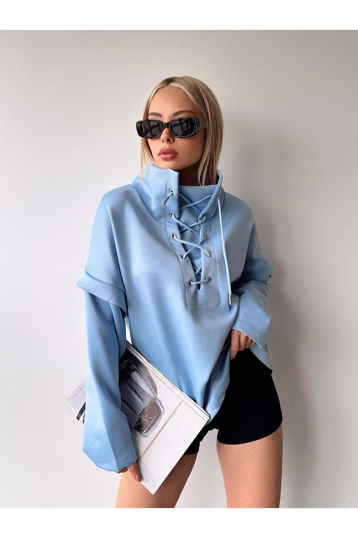 Kadın Tasarım Bağcıklı Yaka Super Şık Trend Scuba Sweatshirt