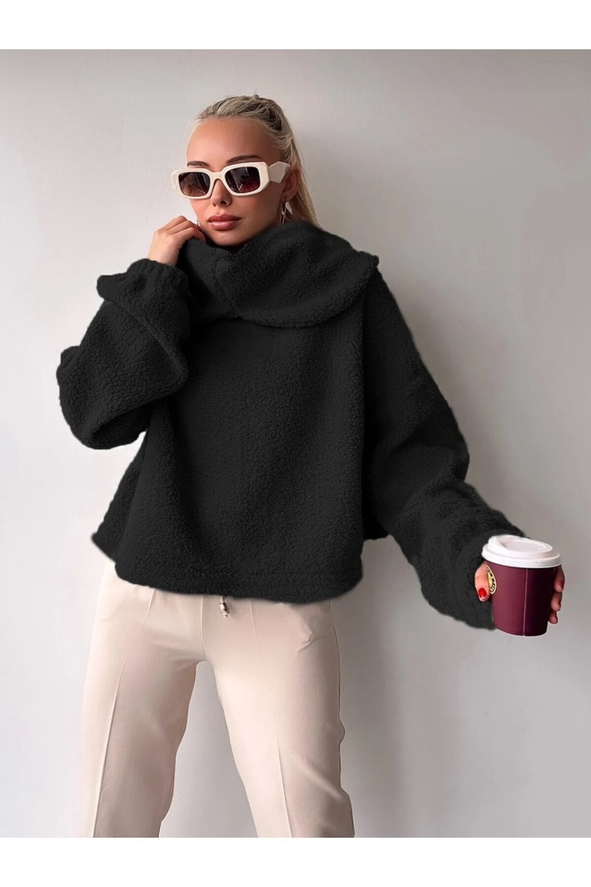 Kadın Tasarım Peluş Dökme Yaka Spor Şık Rahat Crop Sweat Curve Kazak