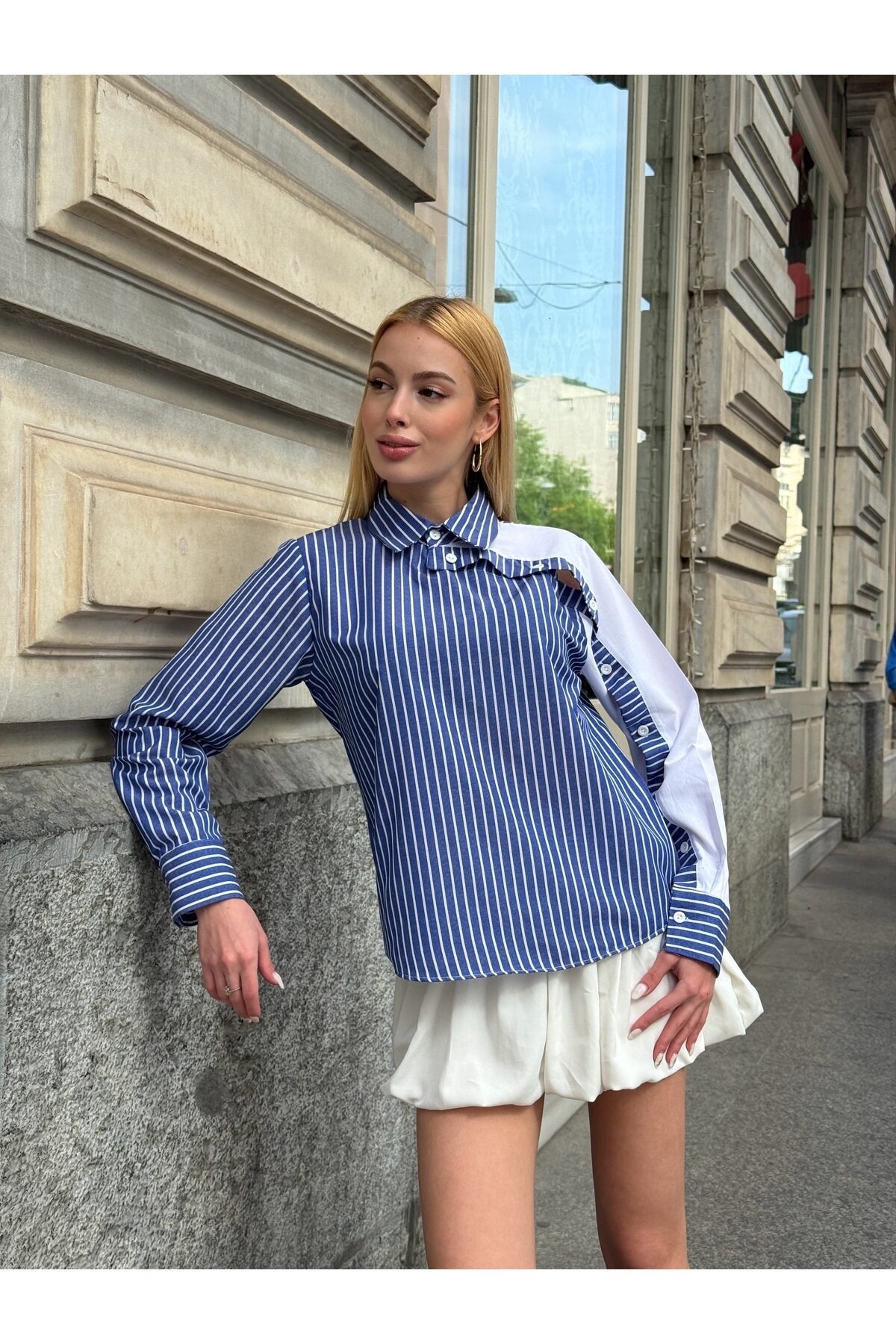 Kadın Tasarım Tesettüre Uygun Etek Üstü Uzun Boy Pamuklu Şık Yaka Kapalı Gömlek