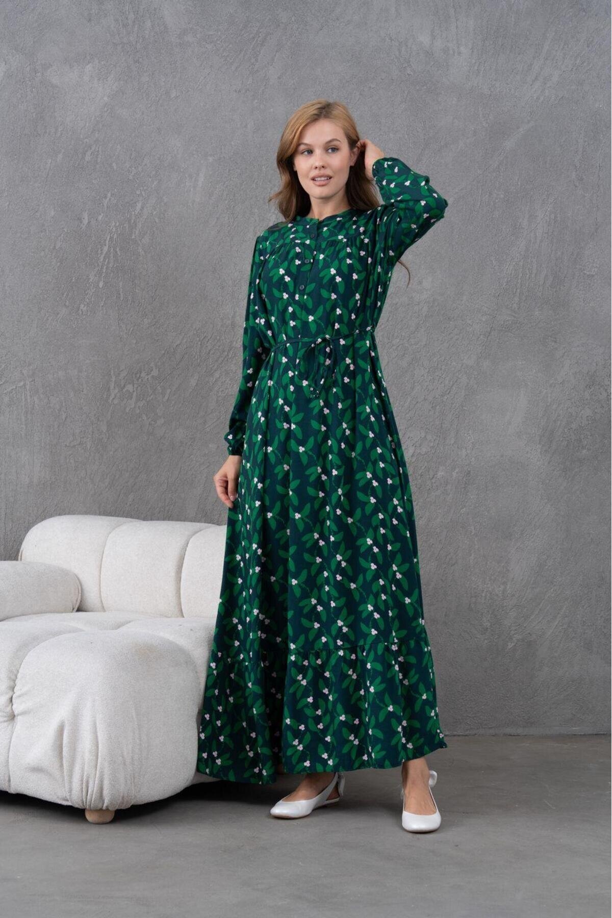 Kadın Tesettüre Uygun Desenli Uzun Kol Beli Bağcıklı Maxi Boy Rahat Büyük Beden Şık Pamuk Elbise