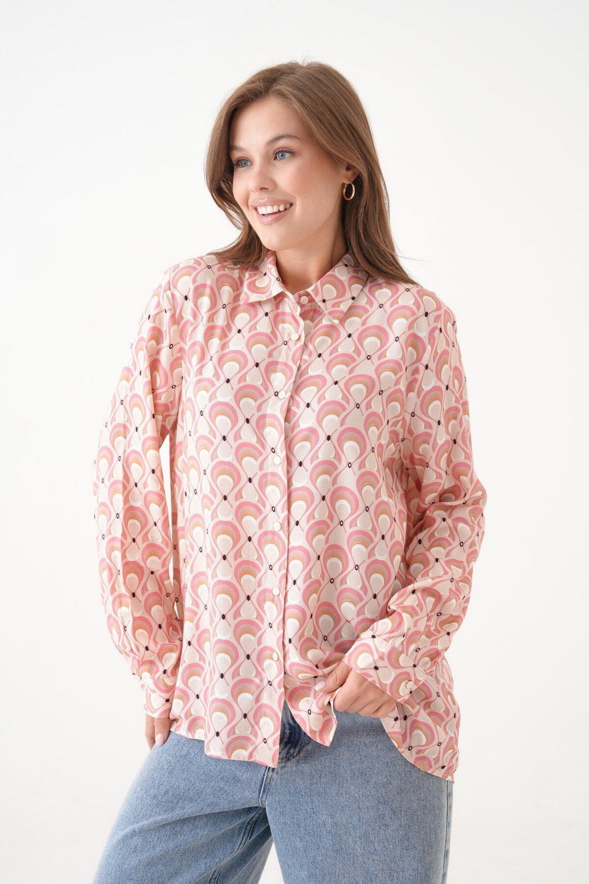 Kadın Tesettüre Uygun Desenli Uzun Kol Pamuk Şık Büyük Beden Desenli Curve Rahat Gömlek