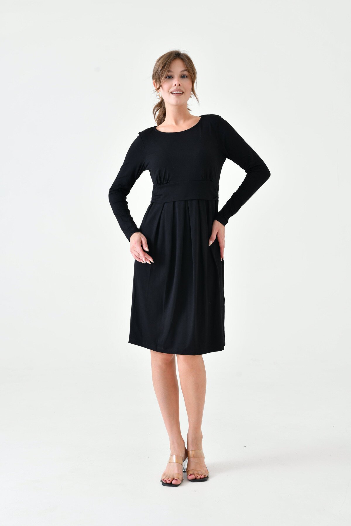 Kadın Uzun Kol Emzirme Detaylı Tesettüre Uygun Viskon Rahat Şık Midi Hamile Elbisesi