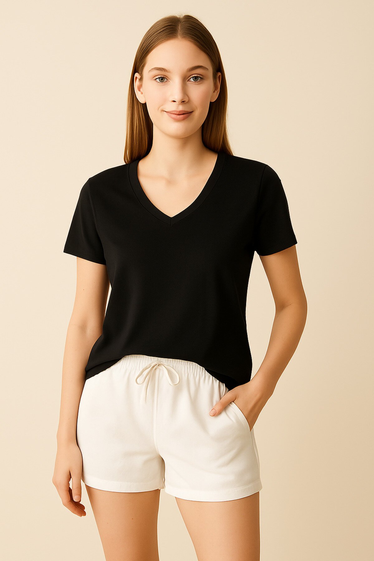 Kadın V Yaka Yarım Kol Basic Günlük Pamuk Düz Yazlık Tshirt Rahat Bluz