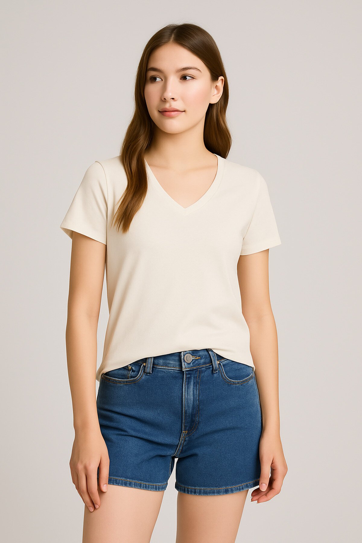 Kadın V Yaka Yarım Kol Basic Günlük Pamuk Düz Yazlık Tshirt Rahat Bluz