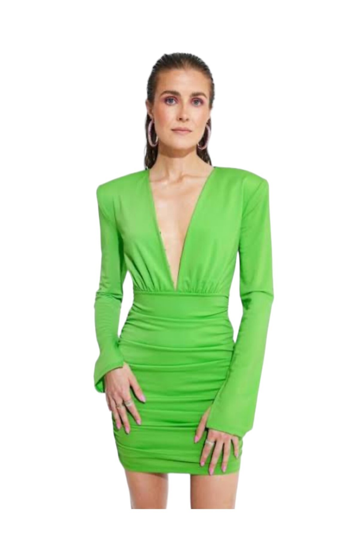Kadın Vatkalı Uzun Kol Spor Şık V Yaka Vücudu Saran Mini Elbise