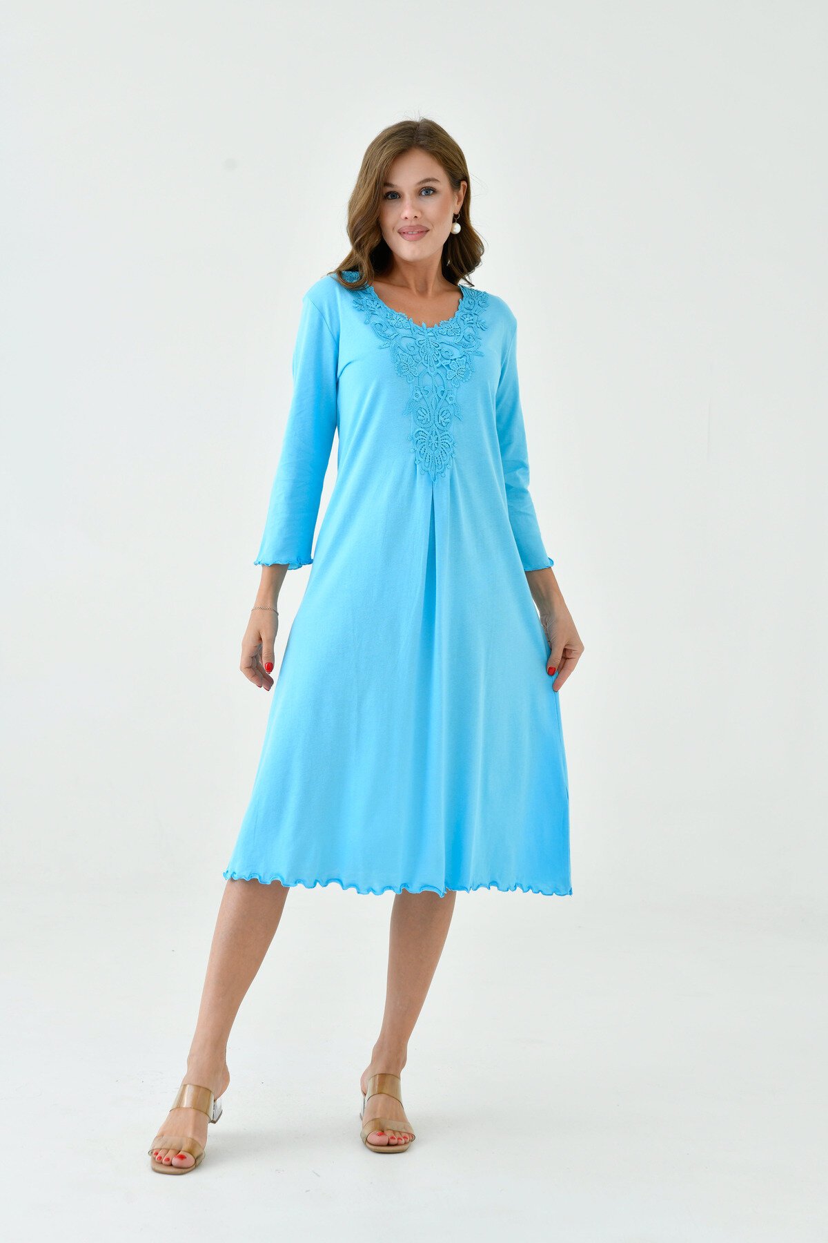 Kadın Yakası Güpürlü A Kesim Yarım Kol Viskon Günlük Midi Boy Büyük Beden Elbise Gecelik