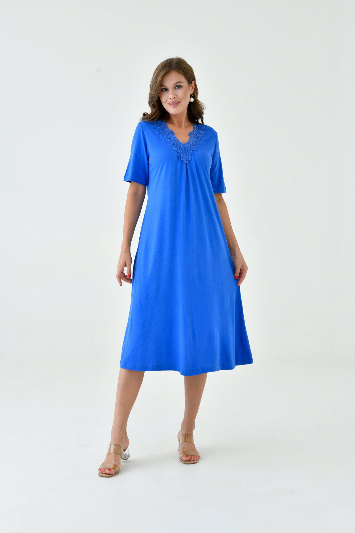 Kadın Yakası Güpürlü A Kesim Yarım Kol Viskon Günlük Midi Boy Büyük Beden Elbise Gecelik