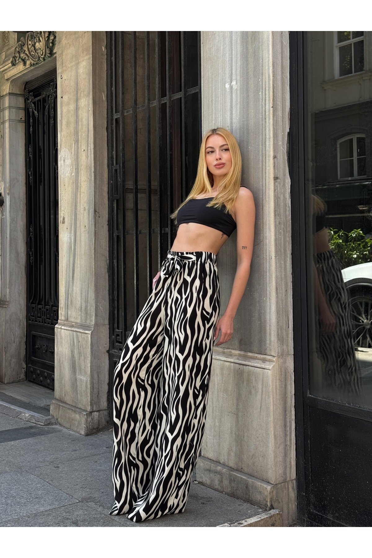 Kadın Yüksek Bel Kuşaklı Desenli %100 Viscose Pamuk Geniş Paça Şık Casual Büyük Beden Curve Pantolon