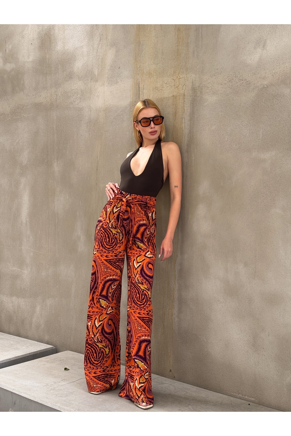 Kadın Yüksek Bel Kuşaklı Desenli %100 Viscose Pamuk Geniş Paça Şık Casual Büyük Beden Curve Pantolon